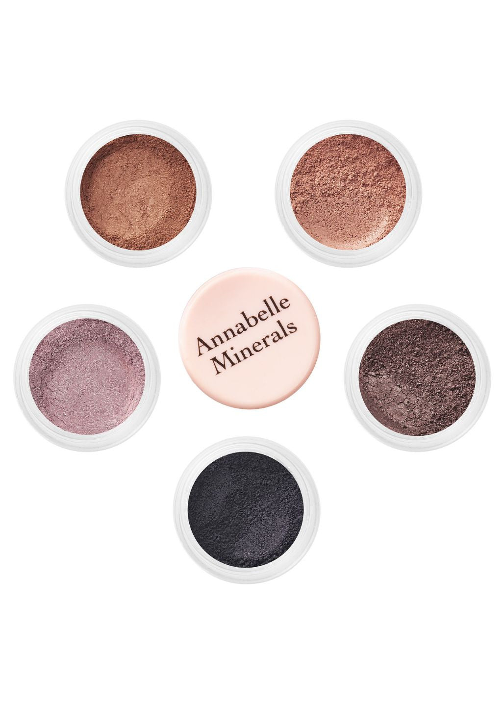 Zestaw mini cieni mineralnych Caramel Annabelle Minerals w odcieniach brązu, beżu, fioletu i czerni do makijażu smokey eye