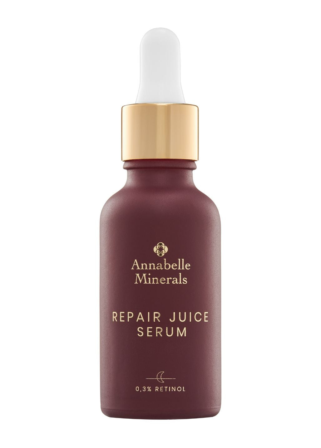 Butelka serum Repair Juice Annabelle Minerals z 0,3% retinolu na jasnym tle